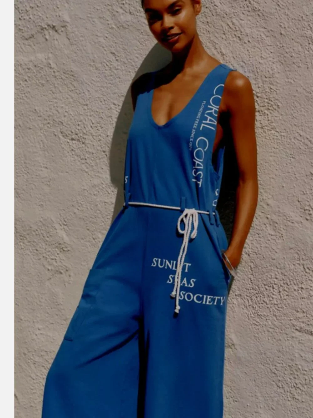 Anthropologie Celandine Coral Coast Knit Wide Leg Jumpsuit Blue Coastal L NWT - Picture 4 of 5